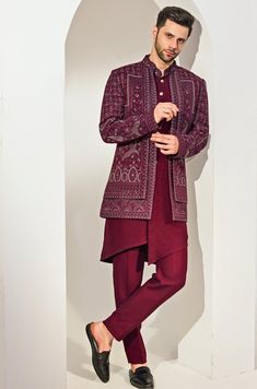 Maroon Indo - Western Embroidery Kurta Jacket Set Chatenya Mittal - Fabilicious Fashion Maroon Mens Outfit, Traditional Footwear For Men, Elegant Long Sleeve Embroidered Fabric With Dabka, Silk Sherwani With Embroidery For Reception, Elegant Festive Outerwear With Dabka Work, Traditional Suits With Dabka Work For Festive Occasions, Designer Silk Sherwani With Embroidery, Embroidered Jamawar Bandhgala With Traditional Drape, Reception Long Sleeve Kurta With Multicolor Embroidery