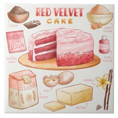 a red velvet cake is shown on a plate with other ingredients around it and labeled in english