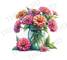 a jar filled with pink flowers sitting on top of a table