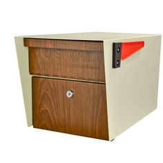 an office file cabinet with a red handle on the front and bottom drawer, made out of wood