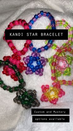 Snag yourself an adorable Kandi star bracelet! Perfect for raves, cosplay, gifting, trading, and even stocking stuffers! Kandi Star, Kandi Bracelet Ideas, Scene Kandi, Bead Things, Bracelets Kandi, Star Charm Bracelet, Diy Kandi Bracelets, Pony Bead Bracelets, Kandi Perler