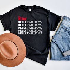 Keller Williams logo x5 unisex t-shirt. As a Real Estate agent on the run, these t-shirts make the workday stylish, comfortable, and professional. In addition, they help promote your business anywhere you go.  The equipment and supplies used to make my products are all commercial grade quality. Each design is made with one of the best vinyl in the industry and cut with a commercial grade plotter. It is then pressed with a high-pressure commercial heat press to make the final product. Each t-shir Black T-shirt With Name Print For Fans, Black Crew Neck T-shirt With Name Print, Black T-shirt With Name Print For Fan Gear, Casual T-shirt With Name Print For Fans, Fan Apparel Short Sleeve T-shirt With Name Print, Fan Apparel T-shirt With Name Print, Graphic Tee With Name Print And Crew Neck, Short Sleeve T-shirt With Name Print, Fan Merchandise T-shirt With Name Print