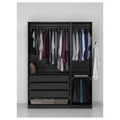 an open closet with clothes hanging on hangers and folded shirts in the bottom drawer