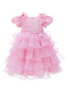 pink ruffled detailing bow detailing round neck short puff sleeves concealed rear zip fastening fluid Tulle Ruffle Skirt, Satin Belt, Ruffled Dress, Pink Ruffle, Dresses Kids Girl, Pink Princess, Girls Party, Shrek, Ruffle Skirt