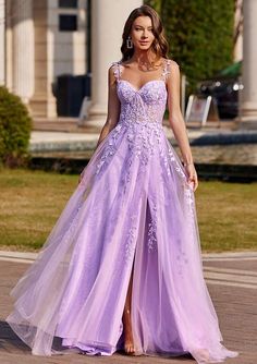 A-line V Neck Sleeveless Sweep Train Tulle Prom Dress with Beading Lace S7526P - Prom Dresses - Stacees Purple Dresses For Homecoming, Pretty Prom Dresses Purple, Mermaid Grad Dresses, Prom Dress Junior Year, Cute Prom Dresses Purple, Prom Dresses For Enchanted Forest Theme, Repunzel Prom Dresses, Lavender Grad Dresses, Purple Rapunzel Prom Dress