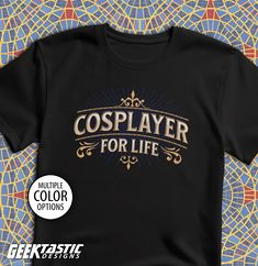 Cosplayer For Life t-shirt - With a classic fit that flatters all body types and a tear-away label for your convenience, this COSPLAYER tee is as versatile as it gets. Get ready to conquer sci-cons and rock the cosplay scene because this tee runs true to size, guaranteeing a fit that's out of this world. Say goodbye to those itchy interruptions under your arms because we've banished side seams for maximum comfort during epic adventures. Made from 100% cotton and weighing in at a formidable 5.3 oz/yd² (180 g/m this Cosplay themed t-shirt is a perfect balance of comfort and durability.  -- Image on front of tee is approx. 9.25" wide and positioned on upper chest. -- 100% cotton (fiber content may vary for different colors) -- Classic fit: Unisex Heavy Cotton Tee (Gildan 5000) -- Medium fabri Black Fandom Shirt For Fan Conventions, Pre-shrunk Crew Neck Shirt For Cosplay, Black Shirt With Character Print For Cosplay, Fandom Crew Neck Shirt For Cosplay, Black Pop Culture Shirt For Cosplay, Anime Print Tops For Cosplay Events, Anime Print Tops For Cosplay, Cell Phone Screen, Cotton Tee