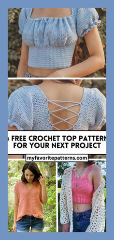 Easy Crochet Cap Sleeves Pattern Puff Crop Top, Free Crochet Top Patterns, Cute Crochet Tops, Crochet Tank Top Free, Bralette Pattern, Trendy Tank Tops, Crochet Top Outfit