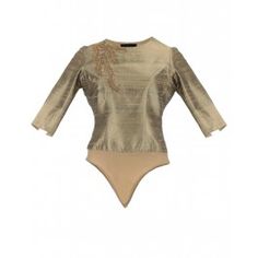 a gold bodysuit with long sleeves and an open back, on a white background