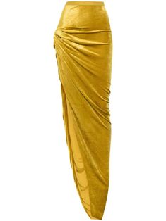 ochre yellow velvet draped design high waist elasticated waistband ruched detailing twist detailing side slit unlined straight hem long length Ruched Maxi Skirt, Rick Owens Lilies, Velvet Drapes, Ochre Yellow, Yoko London, Designer Drapes, Work Environment, Exclusive Fashion, Lady Dior