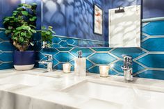 a bathroom sink with blue tiles and a potted plant