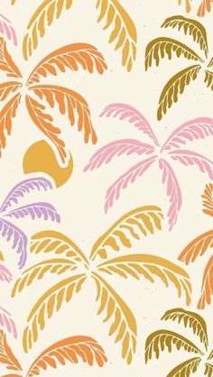 a colorful palm tree pattern on a white wallpaper background with pink, orange and yellow leaves