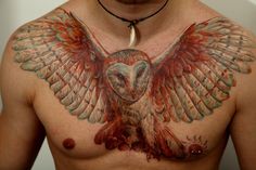 a man with an owl tattoo on his chest