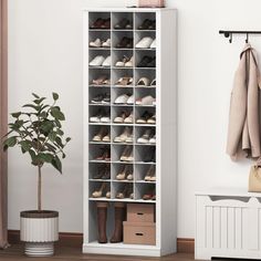 a white shoe rack with shoes on it next to a potted plant