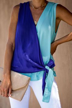 Blue and Turquoise Colorblock Drape Tie Tank Top Color Block Drapes, Tie Tank Top, Latest Fashion Design, Fashion Designs, Summer Patterns, Women Sleeve, Womens Clothing Stores, Turquoise Color, Summer Day