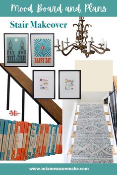 A collage style mood board for a stair makeover with colourful graphic art in black frames, vintage orange and turquoise Penguin and Pelican books, vintage brass chandelier, and neutral runner rug with blue-green pattern. Dark Stairs, Diy Stairs Makeover, Stairs Makeover Ideas, Stair Makeover, Stairs Makeover, Vintage Penguin, Diy Stairs, Cozy Decor, Orange And Turquoise