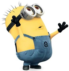 a cartoon minion is holding his hands up