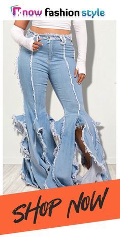 Baby Blue Casual Solid Tassel Mid Waist Boot Cut Denim Jeans Spring Medium Wash Jeans With Fringe, Spring Fringe Jeans In Medium Wash, Spring Fringe Medium Wash Jeans, Ripped Bottoms For Summer Party, Ripped Bottoms For Party In Summer, Casual Party Bottoms With Frayed Hem, Trendy Denim Bottoms With Fringe, Party Denim Bottoms With Fringe, Trendy Fringed Jeans For Fall