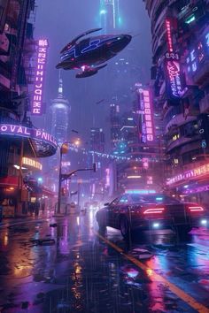 an image of a city at night with neon lights and futuristic vehicles in the rain