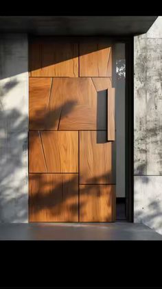 a modern wooden door in front of a concrete wall