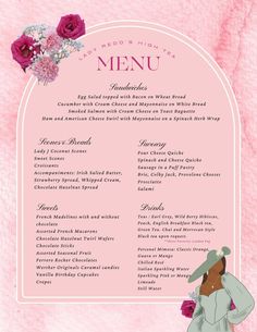 a pink menu with flowers on it