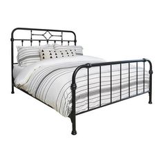 a metal bed frame with white sheets and pillows on top of it, against a white background