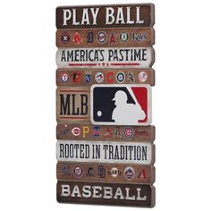 a wooden sign that has different types of baseball related items on it, and the words play ball america's pastime mlb