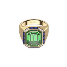 This opulent cocktail ring collection is a true statement of luxury and timeless elegance. Each piece showcases the exquisite craftsmanship of fine enamel work, featuring large, vibrant-colored gemstones paired with lab-grown diamonds. The classic trio of rich red, green, and blue hues come together in perfect harmony, evoking a sense of vintage sophistication. The textured gold band adds a layer of depth, enhancing the overall grandeur and ensuring these rings stand out as masterpieces of retro Luxury Green Octagon Rings, Luxury Octagon Ring With Gemstone Accents, Luxury Sapphire Octagon Rings, Luxury Tsavorite Ring With Gemstone Accents, Luxury Emerald-cut Sapphire Ring With 17 Jewels, Luxury Sapphire Ring For Gift, Luxury Diamond Ring With Accent Stones, Luxury Octagon Sapphire Ring For Formal Occasions, Luxury Octagon Sapphire Ring For Formal Events