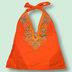 Nanette Lepore Embroidered Halter Tankini Top Orange/Red Size - Xs New With Tags Size: Xs Red/Orange Tankini With A Gorgeous Embroidered Plunging Neckline In Turquoise, Orange & Yellow Halter, Tie Closure, Pull On Boho Design Orange Embroidered V-neck Top, Embroidered Orange V-neck Tops, Fitted Embroidered Beach Top, Fitted Embellished Tops For Beach, Red Embroidered Holiday Tops, Orange Embroidered Beach Top, Orange Embroidered Top For Beach, Fitted Embroidered Orange Tops, Fitted Orange Top With Floral Embroidery