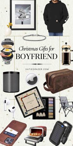 the christmas gifts for boyfriend are on display in this graphic style poster, which includes an image of a man and his personal belongings