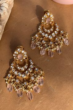 925 sterling silver, gold plated floral carved chandbalis with white, pink polki, semi precious stone embellishment and bead drops. - Aza Fashions Luxury Jewellery, Semi Precious Stone, Aza Fashion, Luxury Jewelry, Online Jewelry, Semiprecious Stones, Precious Stones, Semi Precious, Silver Gold