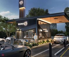 an artist's rendering of the exterior of a fast food restaurant with cars parked outside