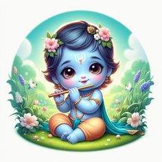 a little blue lord sitting in the grass holding a flute