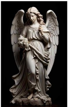 an angel statue holding a bouquet of flowers