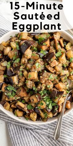 an eggplant dish in a white bowl with the title above it reads 15 - minute sauteed eggplant