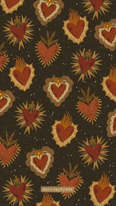 an image of hearts and stars on a black background with red, orange, yellow and brown colors