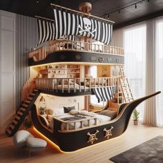 a bedroom with a pirate ship bed in the middle and stairs leading up to it