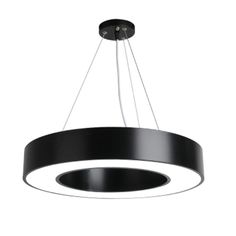 a black circular light fixture hanging from the ceiling