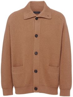 caramel brown cashmere ribbed knit triangle logo spread collar front button fastening long sleeves two front patch pockets straight hem Knitted Triangle, Knit Triangle, Cashmere Color, Brown Cardigan, Caramel Brown, Cardigan Outfits, Triangle Logo, Knitwear Men, Cotton Cardigan