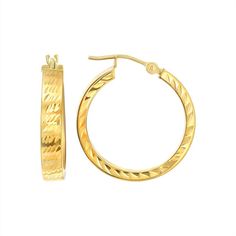 Add a fashionable touch to any ensemble with these Forever 14K 14k gold full diamond-cut hoop earrings. Click on this JEWELRY & WATCHES GUIDE to learn about fit, styles, materials and more! Add a fashionable touch to any ensemble with these Forever 14K 14k gold full diamond-cut hoop earrings. Click on this JEWELRY & WATCHES GUIDE to learn about fit, styles, materials and more! FEATURES Dimensions: 20 mm x 3.5 mm Backings: click-it Nickel free Metal: 14k gold Finish: polished Packaging: boxed Ple 14k Gold Diamond Cut Hoop Earrings For Anniversary, 14k Hoop Earrings For Anniversary, Small Hoop Diamond Cut Jewelry For Formal Occasions, Elegant Hoop Earrings With Spring Ring Clasp For Anniversary, Elegant Hoop Earrings For Anniversary With Spring Ring Clasp, Anniversary White Gold Hoop Earrings Stamped 14k, Formal Small Hoop Diamond Cut Jewelry, Luxury 14k Gold Hoop Earrings With Diamond Cut, Luxury 14k Gold Diamond Cut Hoop Earrings