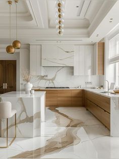 a kitchen with marble floors and white walls