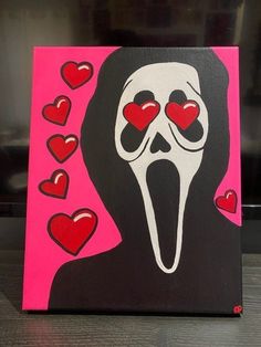 a painting of a person with red hearts on their eyes and mouth in the shape of a ghost