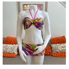 Nwt A.Che Colorful Bandeau Top & Skirt Bottom Bikini. The Bandeau Top Has And Optional Halter Strap, Built In Slight Padding And Is Tie Back. The Skirted Bottom Has Attached Briefs And Ruching Detail At The Sides. Size Medium. 85% Nylon 15% Spandex. Comes From A Smoke And Pet Free Home. Multicolor Fitted Halter Neck Tankini, Fitted Multicolor Halter Neck Tankini, Multicolor Stretch Swim Skirt For The Beach, Multicolor Stretch Swim Skirt For Beach, Multicolor Stretch Swim Skirt For Vacation, Stretch Multicolor Swim Skirt For Vacation, Multicolor Strapless Stretch Swimwear, Strapless Fitted Tropical Tankini, Fitted Strapless Tropical Tankini