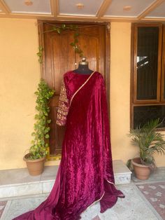 purple pink  velvet saree with hand embroidery blouse |desigber saree with readymade blouse | sarees USA | velvet silk saree /pink velvet saree with full sleeve stitched blouse / voggish / heavy full  sleeve maggam blouse      you are absolutely gonna fall in love with this unique modern  saree look with our stitched ready to wear blouses(includes the price) with a modern touch to them is perfect for your upcoming saree occassion that really makes you stand apart in crowd !!     You dont really Traditional Velvet Sharara For Diwali, Designer Velvet Traditional Wear With Pallu, Traditional Velvet Wear With Dori Work, Velvet Traditional Wear With Pallu For Festivals, Velvet Traditional Wear With Dori Work For Festivals, Velvet Saree With Zari Work, Designer Velvet Saree With Resham Embroidery, Velvet Saree With Zari Work And Traditional Drape, Festive Velvet Lehenga With Pallu