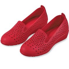 Easy To Slip On And Off, These Stylish Shoes Are Sure To Become A Favorite. Comfortable And Supportive, They Feature Uppers That Stretch For A Custom Fit, A Fashionable Laser Cut-Out Design And Cushioned Insoles. Available In Two Versatile Colors, They Have Flexible, Lightweight And Skid-Resistant Soles. Polyurethane; Imported. Choose: Red Or Navy. Available In: Women's Shoe Sizes: 6, 7, 8, 9, 10 Or 11. (Half Sizes Order Next Size Up). Red Round Toe Slip-ons For Spring, Red Closed Toe Slip-ons For Spring, Comfortable Red Round Toe Slip-ons, Moccasins Style, Collections Etc, Closed Toe Shoes, Shoe Insoles, Round Toe Heels, Leather Bows