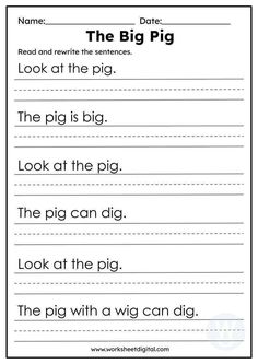 the big pig worksheet for kids to practice their writing skills and read alouds