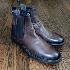 Worn Twice- Like New Excellent Condition Brown Slip-on Boots, Brown Fitted Slip-on Boots, Fitted Brown Slip-on Boots, Fitted Leather Chelsea Boots With Round Toe, Fitted Chelsea Boots With Leather Lining And Round Toe, Calf Leather Boots With Removable Insole And Round Toe, Brown Business Boots With Removable Insole, Fall Slip-on Boots In Calf Leather, Slip-on Boots In Calf Leather For Fall