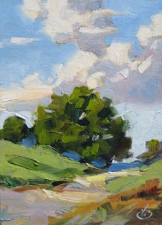 an oil painting of trees and clouds in the sky over a grassy field with a bicycle on it