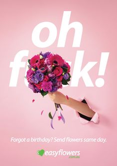 a woman holding a bouquet of flowers with the words oh f kk on it