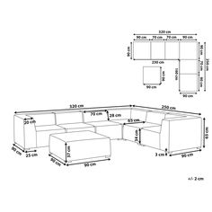 a drawing of a sectional couch and ottoman with measurements for the seat height, side by side