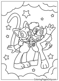 an image of two cartoon characters in the sky with stars and clouds behind them, coloring page